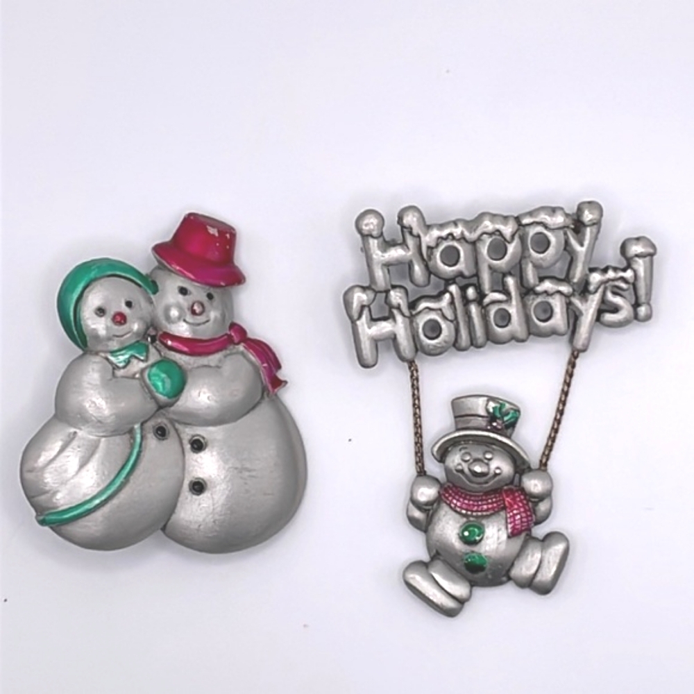 JJ and Spoontiques Vintage Holiday Snowmen Brooches Pins -- 2